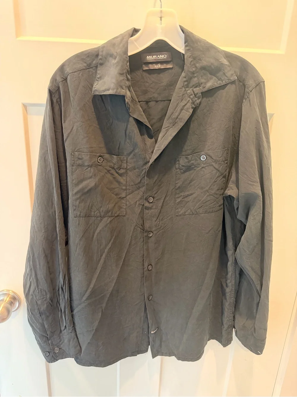 Murano Medium Black 100% Silk Camp Shirt Long Sleeve Button Front Pockets